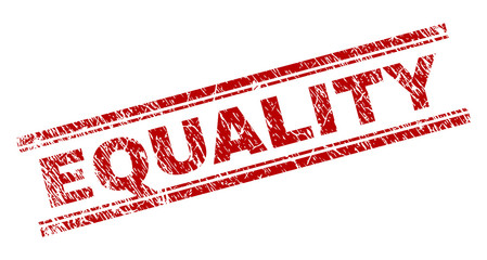 EQUALITY seal watermark with distress texture. Red vector rubber print of EQUALITY caption with retro texture. Text caption is placed between double parallel lines.