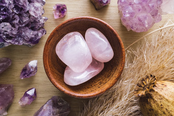 Sticker - Teak Bowl of Rose Quartz with Amethyst Crystals and Dried Poppy Flower