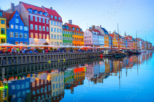 illuminated Nyhavn embankment by canal Canvas Print