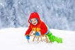 © famveldman - Boy on sled ride. Child sledding. Kid on sledge