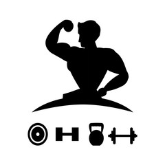 Poster - strong bodybuilder silhouette with set dumbbells