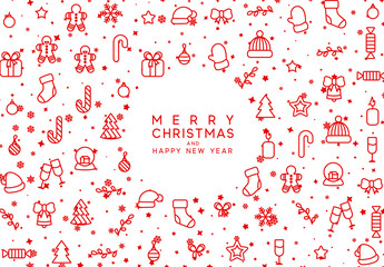 Wall Mural - Merry Christmas and Happy New Year. Xmas holiday background greeting card. Vector red decorative design elements line art style