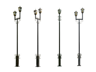 Set of street lamps on white background. Lamp post collection. Street lampost set. Streetlight collection