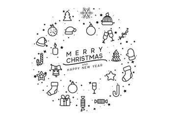 Wall Mural - Merry Christmas and Happy New Year. Xmas holiday background greeting card. Vector decorative design elements line art style