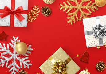 Wall Mural - Christmas background with decorative Xmas elements of design. Gift box, shining gold glitter snowflake, golden ball, decorative bauble, Greeting card, template banner, web poster vector Illustration.