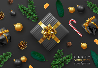 Wall Mural - Christmas background. Design realistic gifts box, candy, green leaves, xmas balls, decoration bauble, pinecone and pine branch. Holiday greeting card, vector banner, web poster