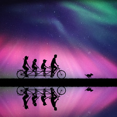 Sticker - family on bike tandem in park at night. vector illustration with silhouettes of cyclists on bicycle 