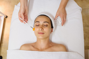 Wall Mural - Close up head shot of Woman having a mask applied on the face with a brush