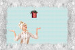 Christmas design-Christmas card with a beautiful, young, smiling woman dressed as Santa Claus, bordered by pine needles with a place for text.