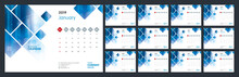 Calendar Design For 2019. Week Starts On Sun. Set Of 12 Calendar Pages Vector Design Print Template With Place For Photo And Company Logo. Desk Calendar Template With White Background.