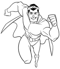 Full length line art of a powerful and muscular superhero running fast during courageous mission isolated on white background for copy space.