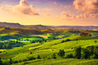 Langhe vineyards sunset panorama, Barolo, Piedmont, Italy Europe.