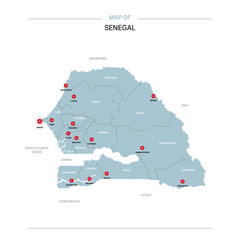 Wall Mural - senegal vector map. editable template with regions, cities, red pins and blue surface on white backg