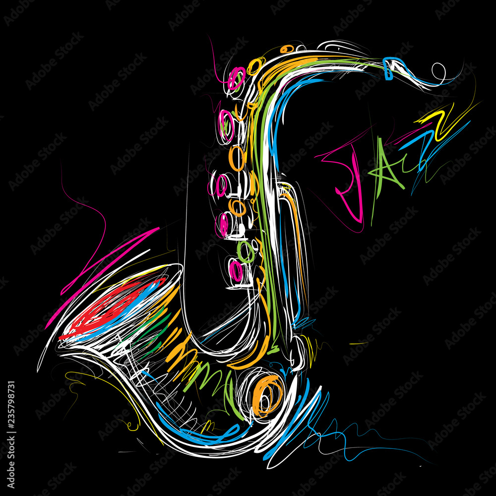 Abstract Saxophone Sketch, Sax Jazz Art (Vector Art) - obrazy, fototapety, plakaty 