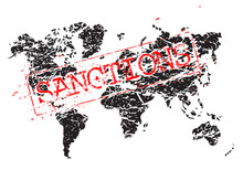 Stamp Sanctions On The Map In The Form Of A Grunge, Sloppy Shape As A Concept Of International Trade War.