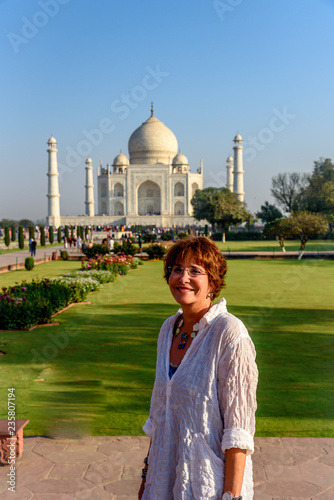 Fotografie, Obraz A Middle Aged Caucasian Tourist in Front of the Taj Mahal in Agra India