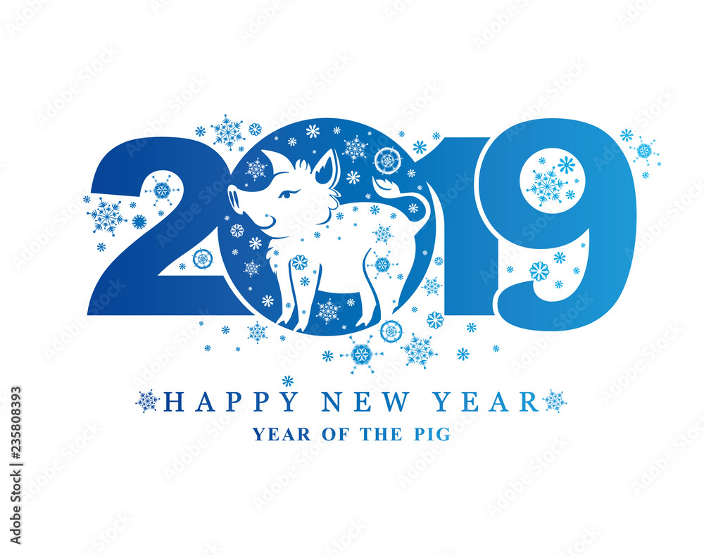 Year of the Pig 2019. Blue New Years pattern 2019 and funny pig boar and snowflakes. Vector template New Year's design on the Chinese calendar. - obrazy, fototapety, plakaty 