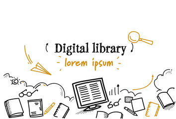 Poster - media book reading ebook digital library concept sketch doodle horizontal isolated copy space