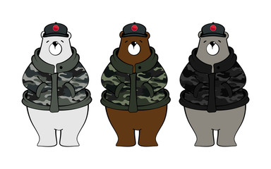 Wall Mural - vector illustration of happy cute polar bear cartoon character wearing camouflage coach and hat on w