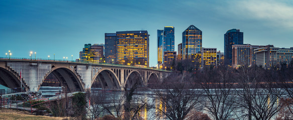 Wall Mural - View on Key bridge and Rosslyn skyscrapers at dusk, Washington DC, USA