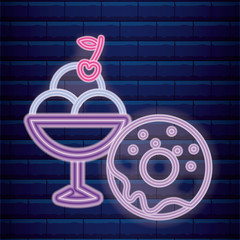 Poster - donut with ice cream cup neon light label