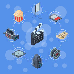 Wall Mural - Vector cinematograph isometric elements infographic concept illustration. Illustration of infographic cinema, film and video
