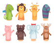 Hands puppets. Toys from socks for kids funny children games vector characters isolated. Illustration of puppet toys character, theatrical showing deer and elephant