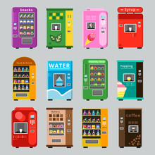Vending Machines Collcetion. Merchandise Concept With Automatic Selling Various Snacks Water Coffee And Crisp Food Vector Pictures. Illustration Of Retail Vending Machine With Snack Food