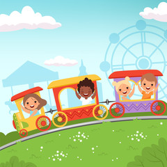 Wall Mural - Roller coaster kids. Attraction children riding in amusement park vector cartoon action background. Illustration of recreation in park