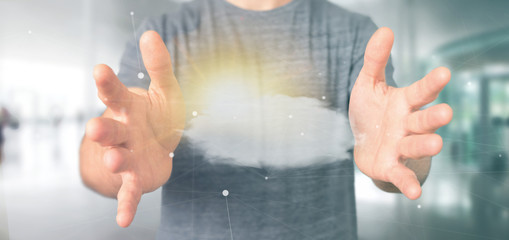 Poster - Businessman holding a Weather forecast Sun and cloud 3d rendering
