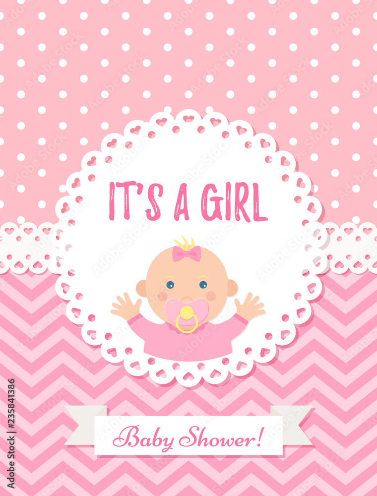 Baby girl card. Vector Baby Shower girl design. Cute pink banner. Birth ...