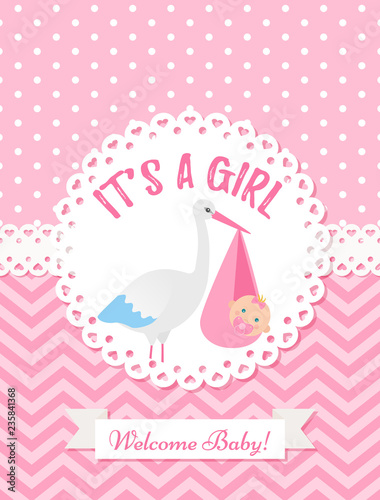 Baby Shower Girl Card Vector Baby Girl Design Cute Pink Banner Baby Shower Girl Card Vector Baby Girl Design Cute Pink Banner