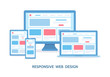 Responsive web design. The website is open on computer, laptop, tablet and smartphone. Flat vector illustration.