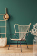 © Photographee.eu - Flowers next to rattan armchair in green living room interior with hat on ladder above bag. Real photo