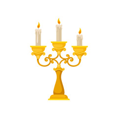 Wall Mural - Golden candelabrum with three burning candles, vintage candlestick vector Illustration on a white background