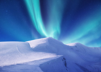 Canvas Print - Aurora borealis on the Lofoten islands, Norway. Green northern lights above mountains. Night sky with polar lights. Night winter landscape with aurora. Natural background in the Norway