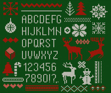Set Of Knitted Font, Elements And Borders For Christmas, New Year Or Winter Design. Ugly Sweater Style. Sweater Ornaments For Scandinavian Pattern. Vector Illustration. Isolated On Green Background.