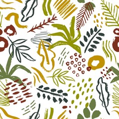 Poster - Seamless pattern with abstract tropical leaves, paint stains, brush strokes on white background. Natural vector illustration in contemporary art style for wrapping paper, wallpaper, textile print.