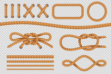 Rope Elements. Marine Cord Borders, Nautical Ropes With Knot, Old Sailing Loop. Vector Set