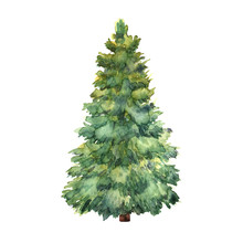Watercolor Green Christmas Tree On White Background. Isolated Ha