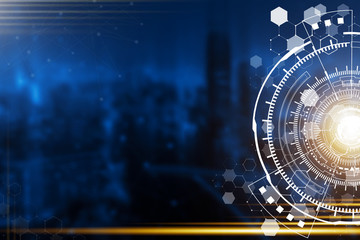 technology background. technology icons with blurred blue night city background. wireless network co