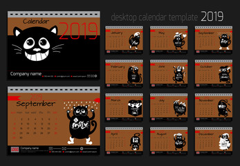 Desk calendar with funny cats for 2019 year.  Vector design template with motivational quotes. Set of 12 months.