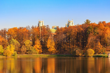 Wall Mural - Grand palace on a background of pond and trees with golden leaves on shore in Tsaritsyno park in Moscow at sunny autumn day