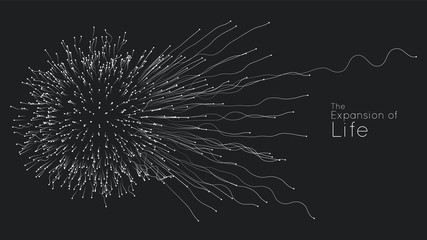 expansion of life. vector sphere explosion background. small particles strive out of center. blurred