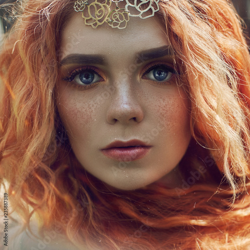 Beautiful redhead Norwegian girl with big eyes and freckles on face in ...