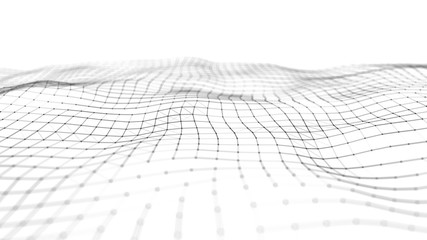 Poster - Wave of particles on white background. Abstract interlacing lines and points. Digital connection of elements. Imitation waves.