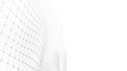 Poster - Wave of particles on white background. Abstract interlacing lines and points. Digital connection of elements. Imitation waves.