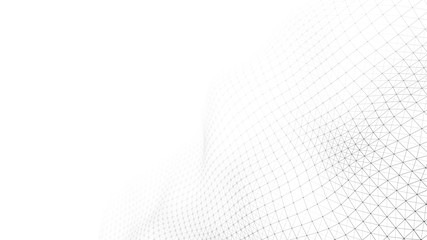 Poster - Wave of particles on white background. Abstract interlacing lines and points. Digital connection of elements. Imitation waves.