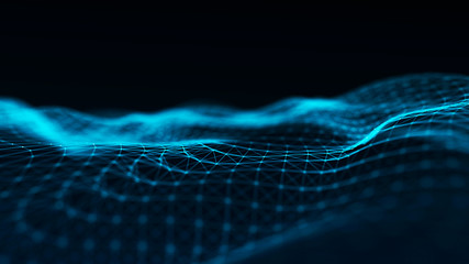 Poster - Abstract futuristic wave background. Wave of particles. Wave with connecting dots and lines. 3d rendering.