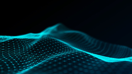 Poster - Abstract futuristic wave background. Wave of particles. Wave with connecting dots and lines. 3d rendering.